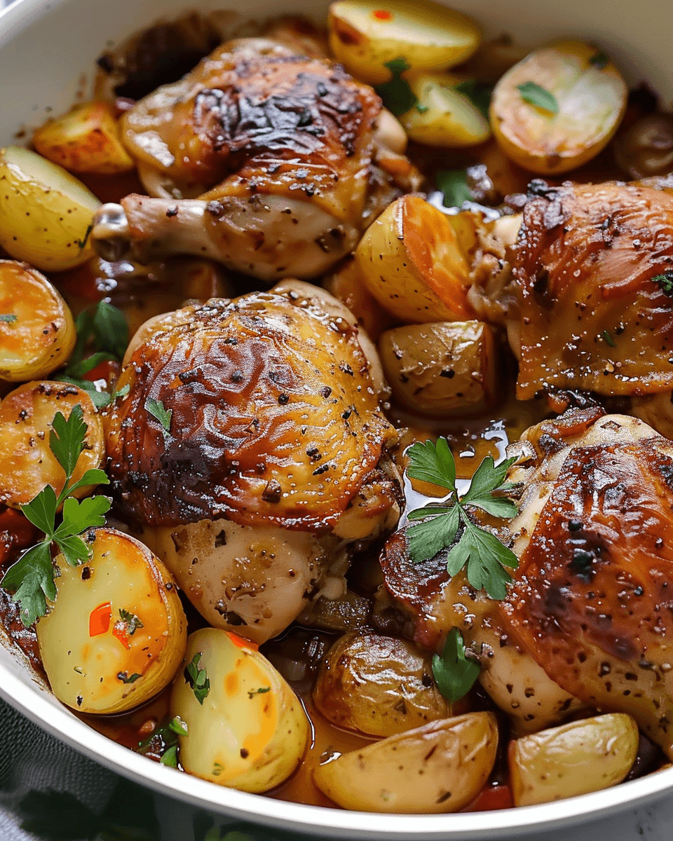A flavorful Lovely One Pan Chicken and Potatoes dish with crispy golden chicken thighs, tender roasted potatoes, and fresh herbs.