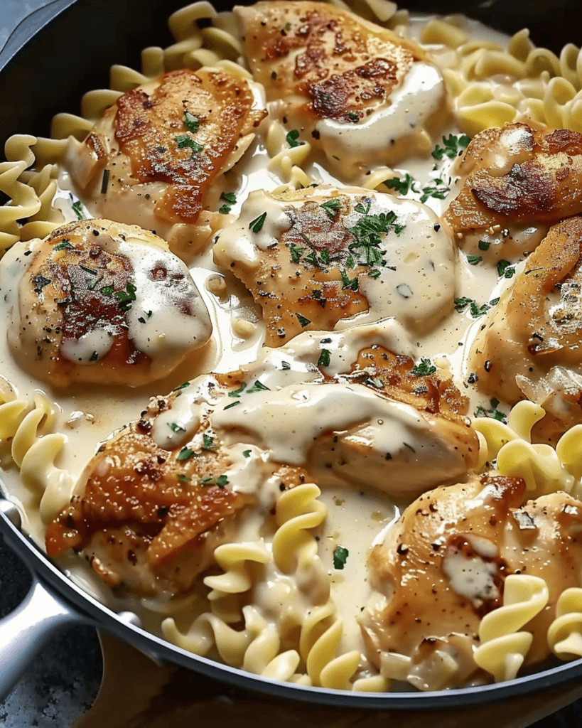 A skillet filled with golden-seared chicken in a rich, creamy sauce, served over tender buttered egg noodles and garnished with fresh herbs.