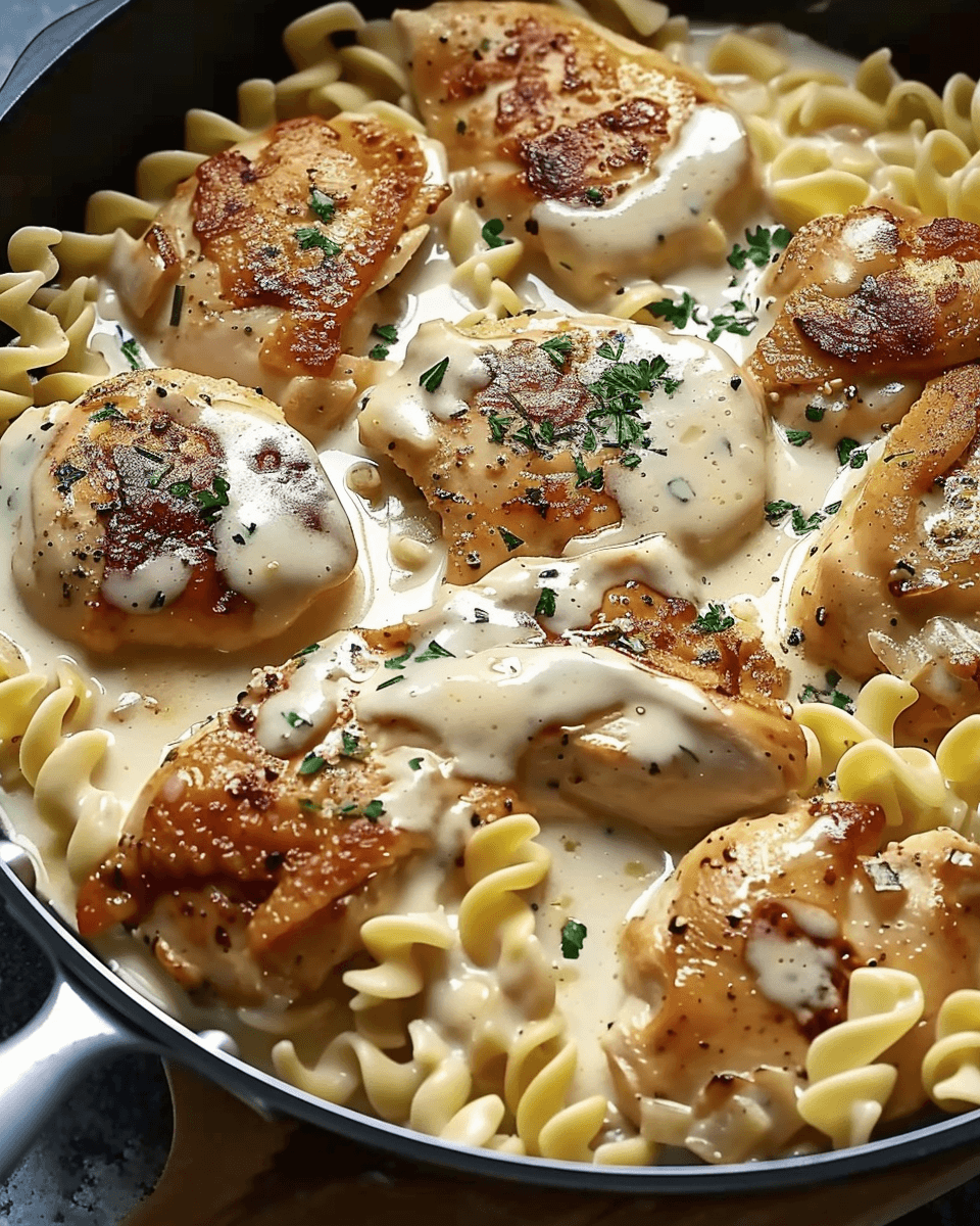 A skillet filled with golden-seared chicken in a rich, creamy sauce, served over tender buttered egg noodles and garnished with fresh herbs.