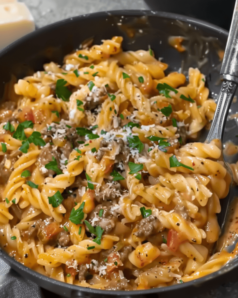 A hearty bowl of one-pot creamy beef and garlic butter pasta, garnished with fresh parsley and grated cheese.