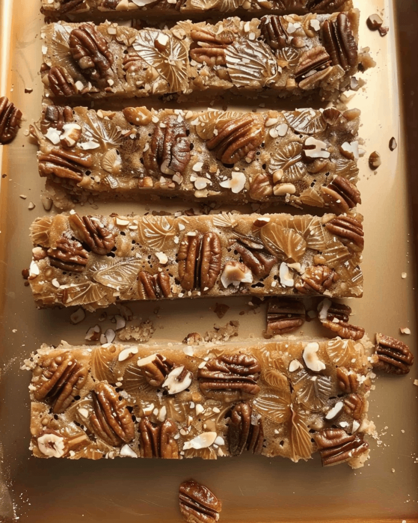 Beautifully decorated pecan pie bars with a buttery crust and caramelized pecan topping, cut into elegant slices.