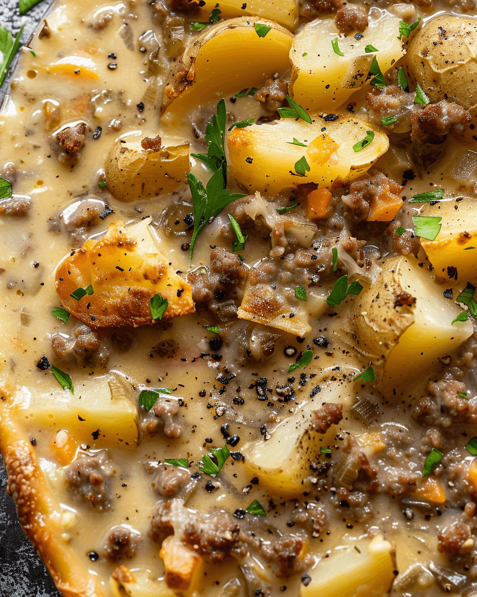 A warm and hearty bowl of Lovely Potato and Sausage Chowder, featuring tender potatoes, savory sausage, and a creamy, flavorful broth, garnished with fresh herbs.
