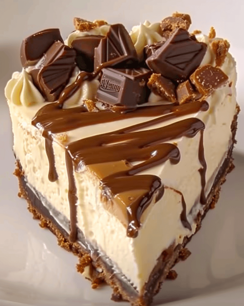 Decadent Reese’s peanut butter cup cheesecake with a chocolate crust, creamy peanut butter filling, chocolate drizzle, and chopped chocolate pieces on top.