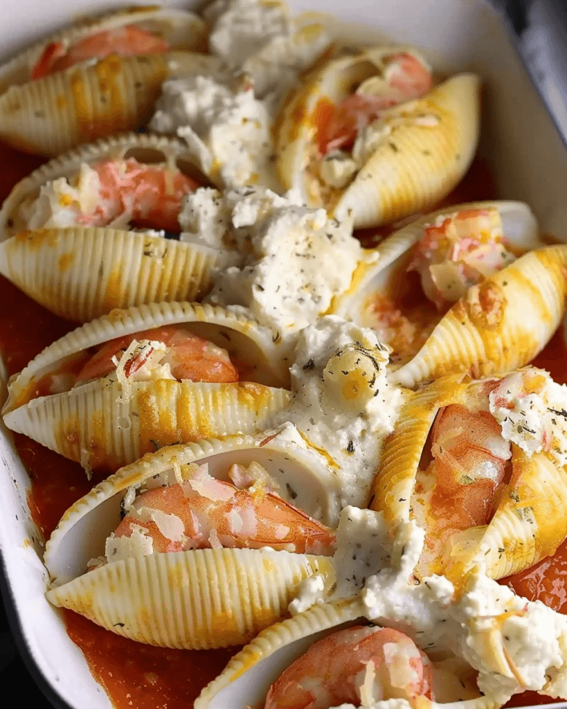 A dish of seafood stuffed shells filled with shrimp, creamy ricotta, and herbs, baked in a rich tomato sauce and topped with melted cheese.
