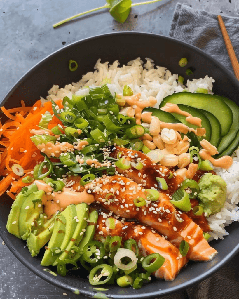 Spicy salmon bowl with glazed salmon, jasmine rice, avocado, cucumber, shredded carrots, green onions, peanuts, sesame seeds, and spicy mayo drizzle.