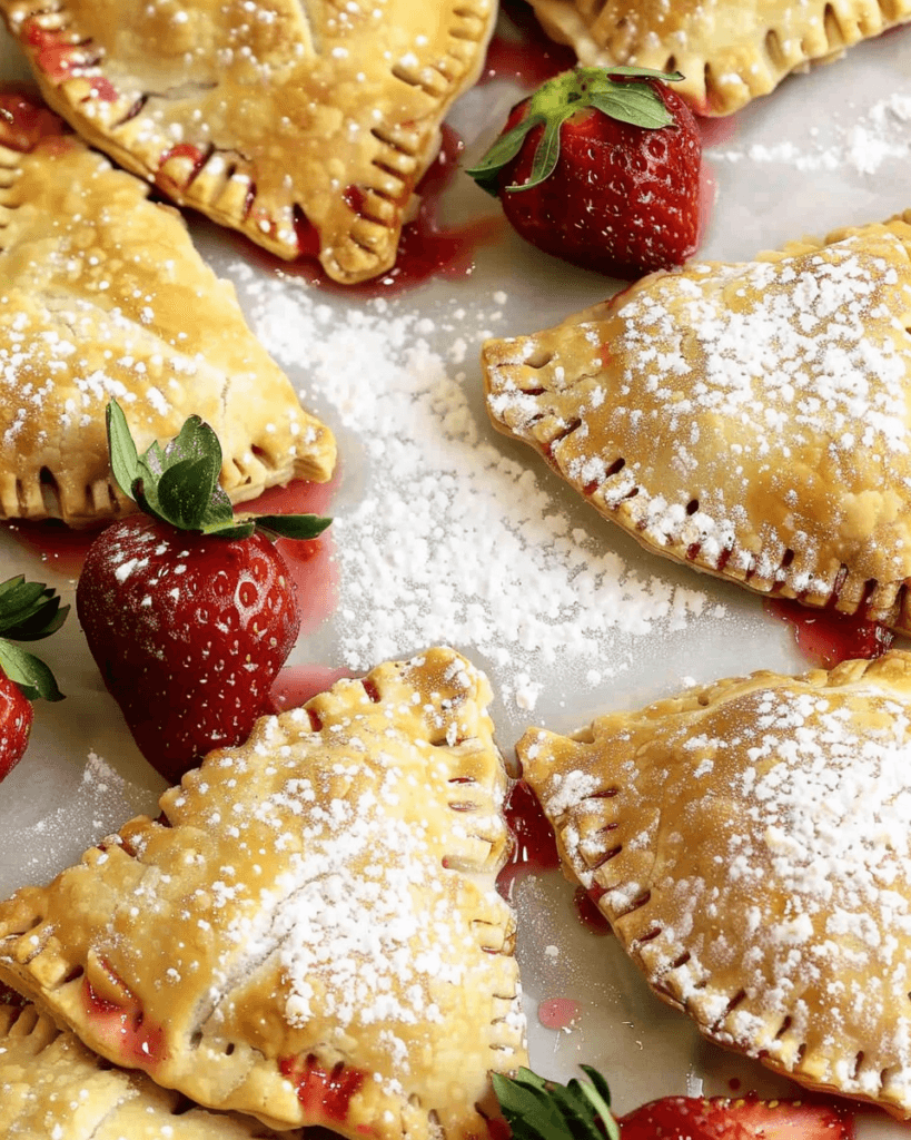 A batch of Lovely Strawberry Hand Pies, golden and flaky, filled with sweet strawberry filling, dusted with powdered sugar, and surrounded by fresh strawberries.