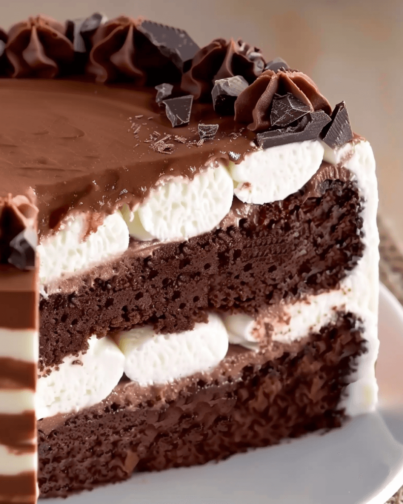 A beautifully layered Lovely Triple Chocolate Mousse Cake with rich chocolate sponge, silky mousse, whipped cream, and a glossy chocolate ganache topping.