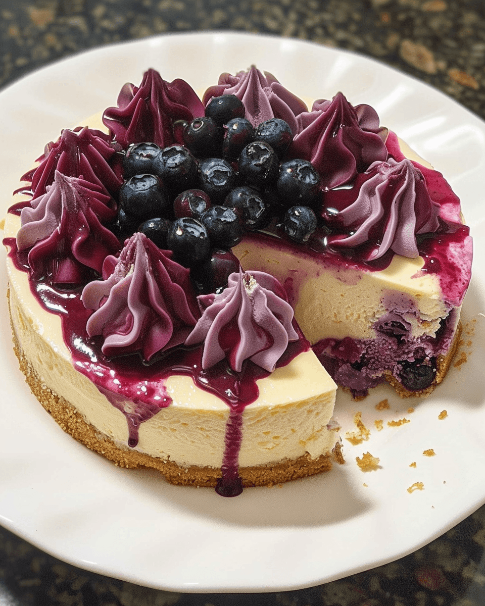 A lovely White Chocolate Blueberry Cheesecake with a crunchy crust, smooth white chocolate filling, fresh blueberries, piped purple frosting, and a rich blueberry sauce drizzle.