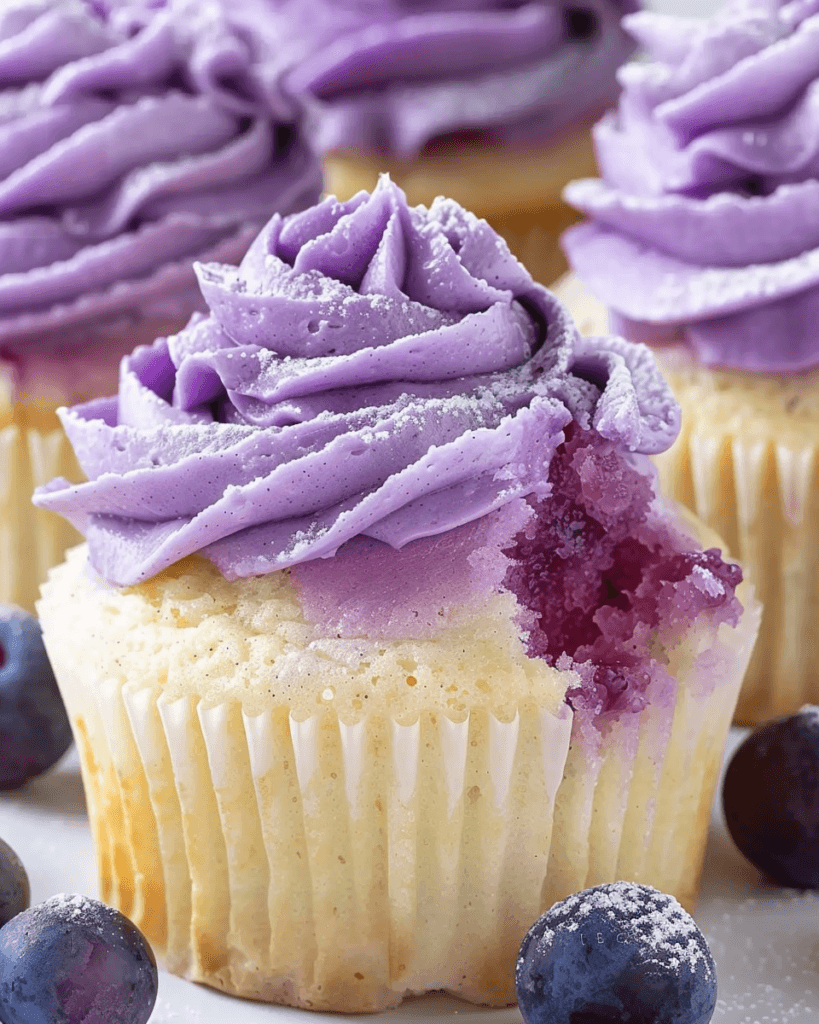 A close-up of a soft vanilla cupcake swirled with vibrant purple grape-flavored frosting, dusted with powdered sugar, and filled with a juicy grape center. Fresh blueberries surround the cupcake for a delightful presentation.