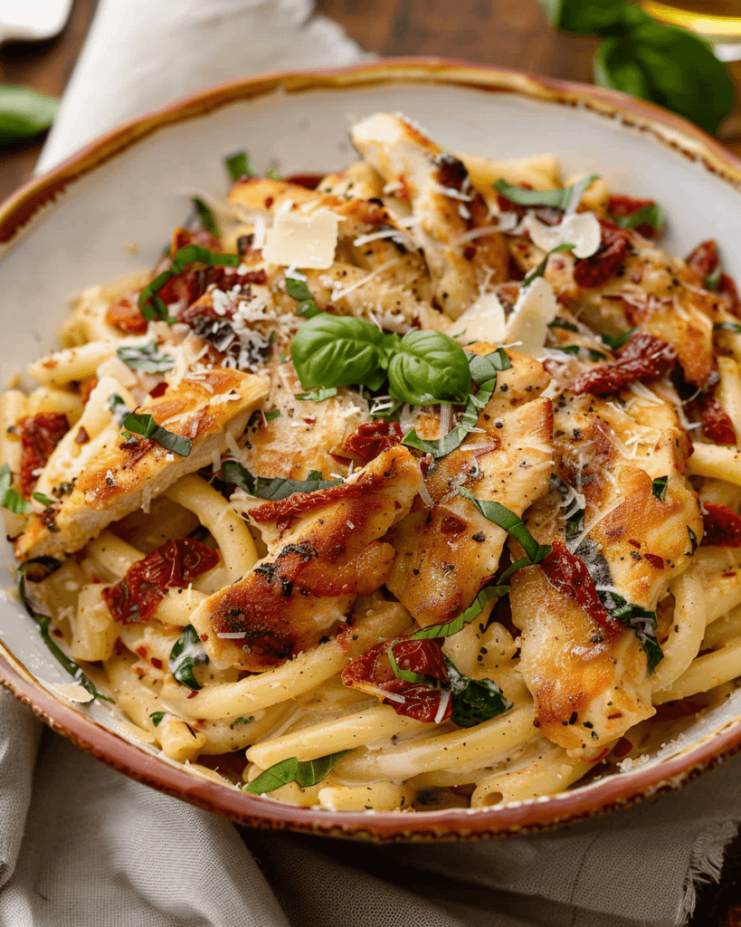 A creamy and flavorful Marry Me Chicken Pasta dish with golden-seared chicken, sun-dried tomatoes, fresh basil, and Parmesan, served in a rustic ceramic bowl.