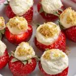 A plate of fresh strawberries filled with creamy cheesecake filling and topped with crunchy graham cracker crumbs.