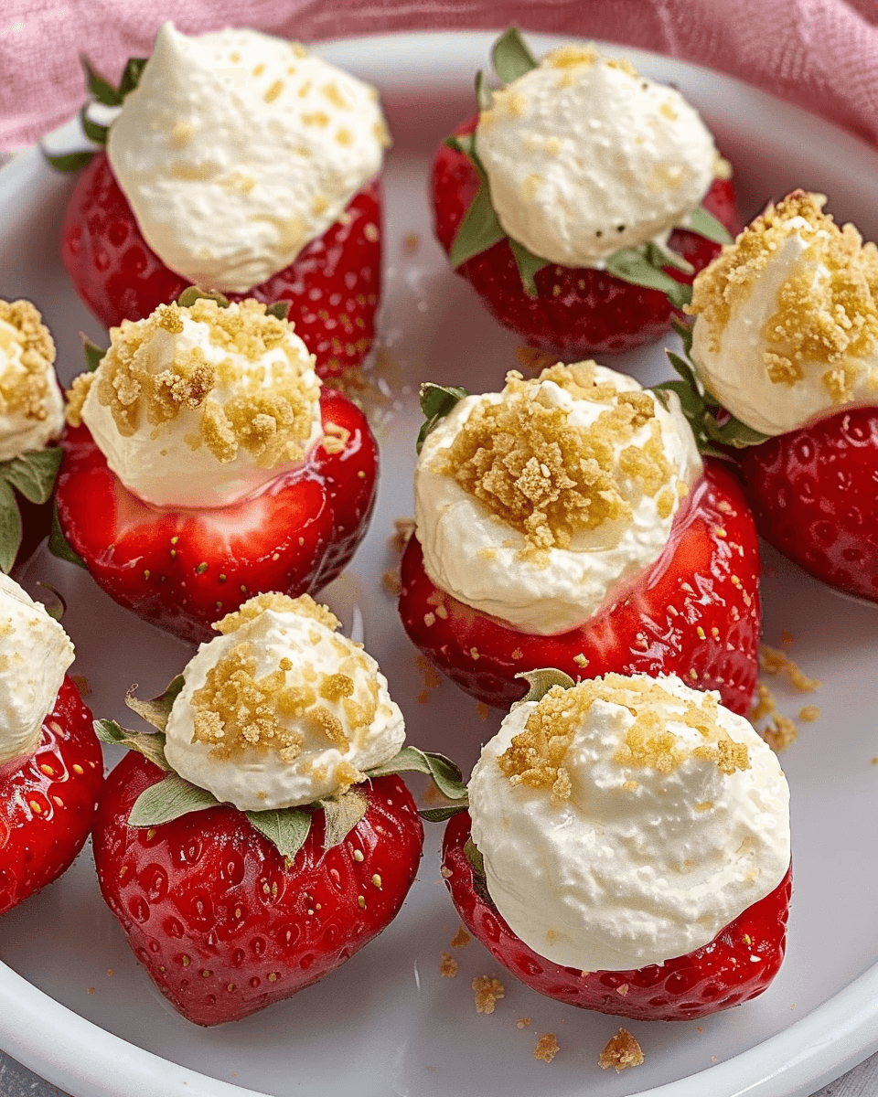 A plate of fresh strawberries filled with creamy cheesecake filling and topped with crunchy graham cracker crumbs.