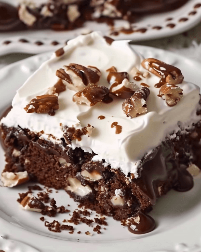 A rich and decadent slice of Mississippi Mud Cake topped with creamy whipped frosting, crunchy pecans, and drizzled with chocolate sauce.