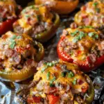Mushroom BBQ Bacon Cheeseburger Stuffed Peppers topped with melted cheddar cheese and crispy bacon, garnished with fresh herbs on a baking sheet.