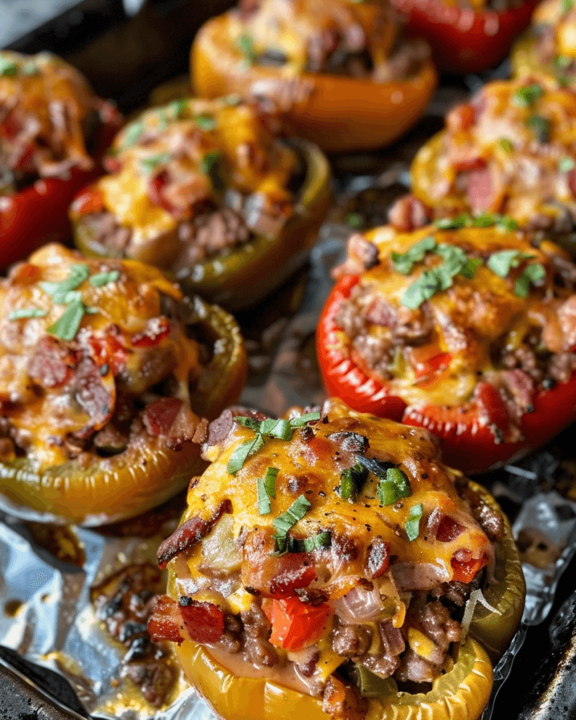 Mushroom BBQ Bacon Cheeseburger Stuffed Peppers topped with melted cheddar cheese and crispy bacon, garnished with fresh herbs on a baking sheet.