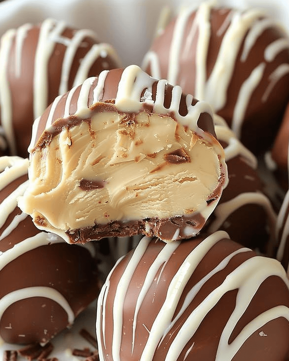 Close-up of no-bake peanut butter cheesecake balls coated in milk chocolate with white chocolate drizzle, revealing a creamy peanut butter filling.