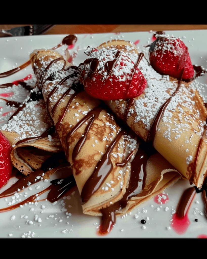 Golden crepes filled with Nutella, drizzled with chocolate sauce, topped with fresh strawberries, and dusted with powdered sugar.