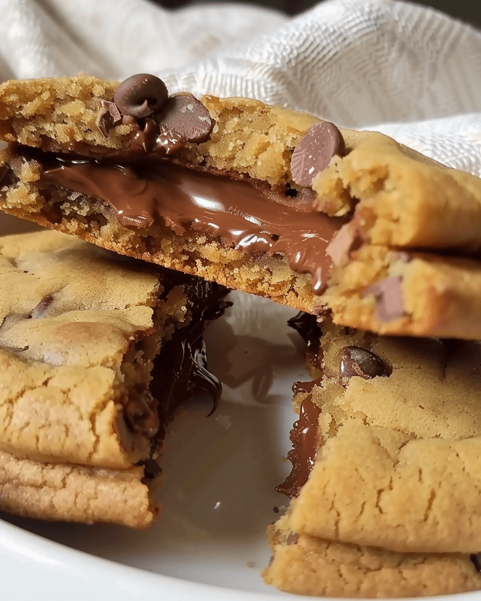 Gooey Nutella-stuffed chocolate chip cookie sandwiches with a soft, golden-brown exterior and melty chocolate filling