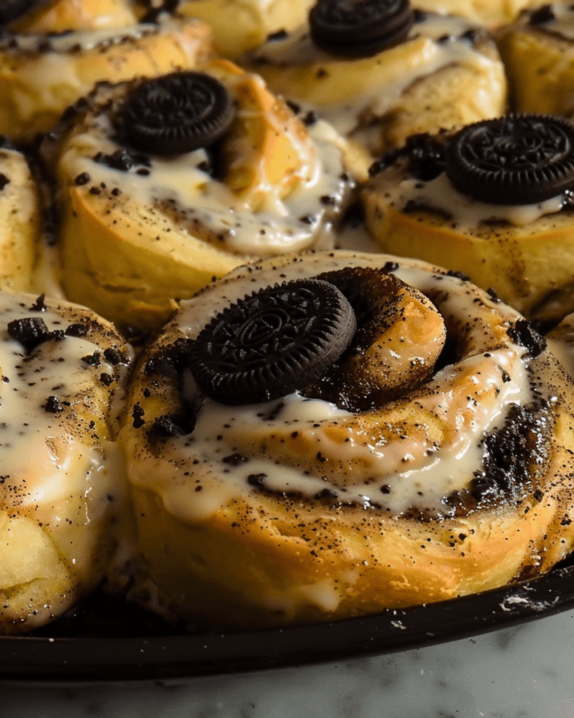 Close-up of Oreo-stuffed cinnamon rolls drizzled with icing and topped with whole Oreo cookies.