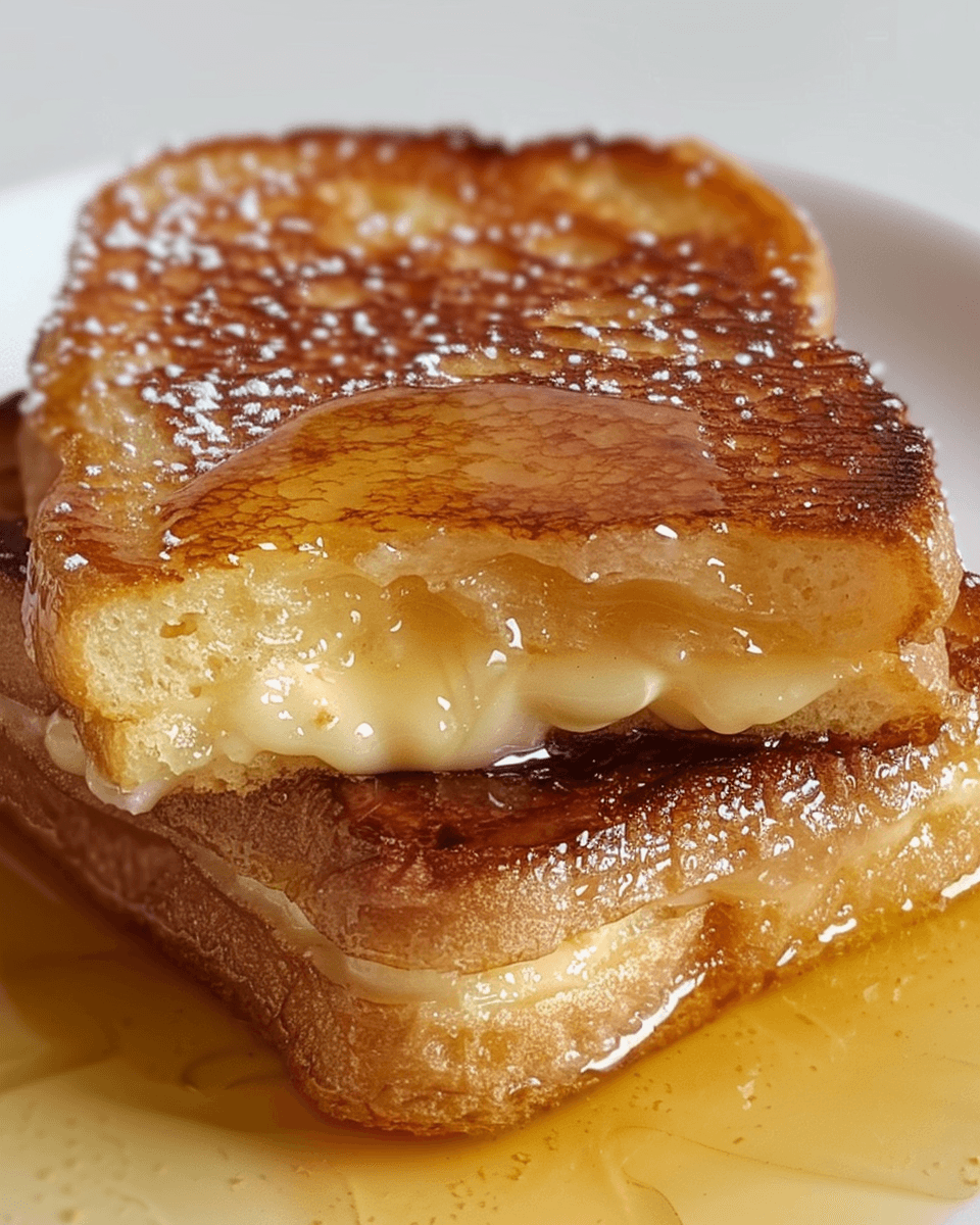 A rich and caramelized Overnight Crème Brûlée French Toast, golden brown with a crispy top, soft custard-like center, and drizzled with syrup.