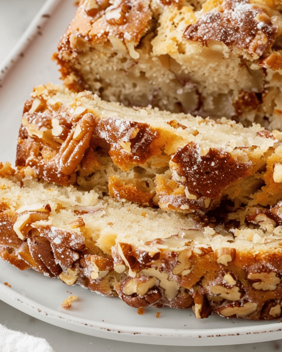 Close-up of freshly baked peach pecan bread, golden brown with crunchy pecans and a dusting of powdered sugar.