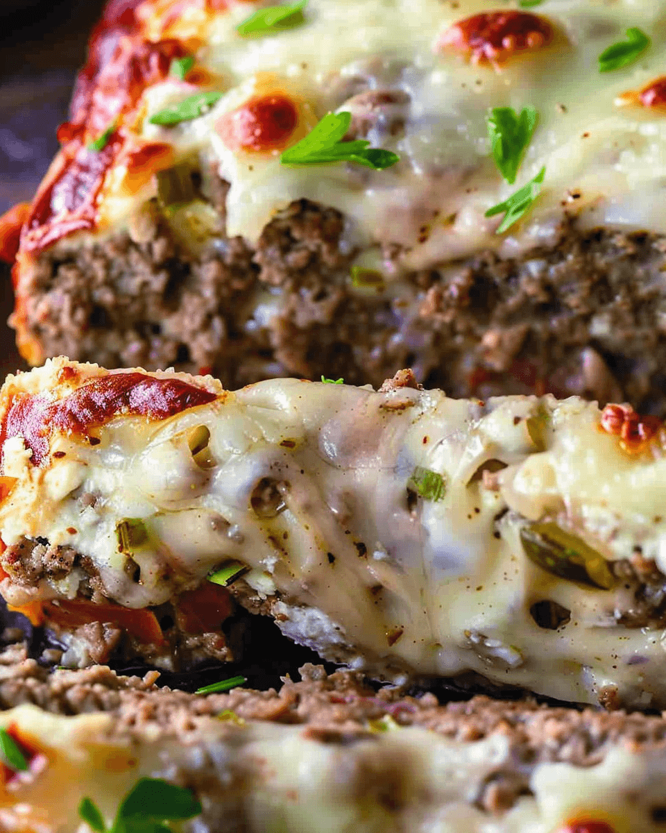 A close-up of Philly Cheesesteak Meatloaf with gooey melted cheese, juicy beef, and fresh herbs, sliced to reveal its flavorful, cheesy layers.