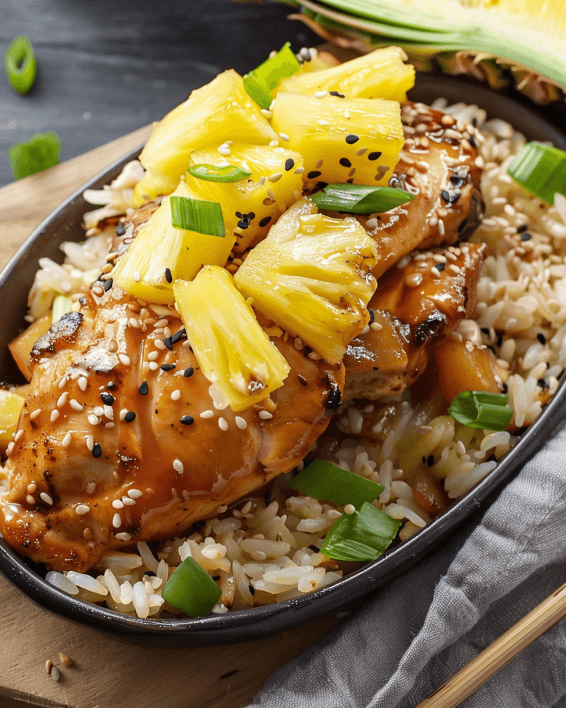 Pineapple-stuffed teriyaki chicken served over rice, topped with fresh pineapple chunks, sesame seeds, and green onions on a black plate.