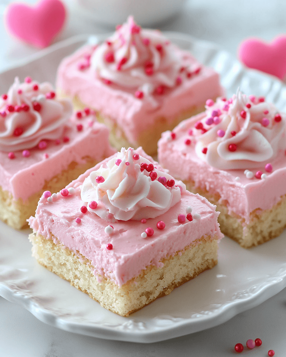 Close-up of pink vanilla cake squares with fluffy vanilla sponge, smooth pink buttercream frosting, and decorative sugar pearls on a white plate.