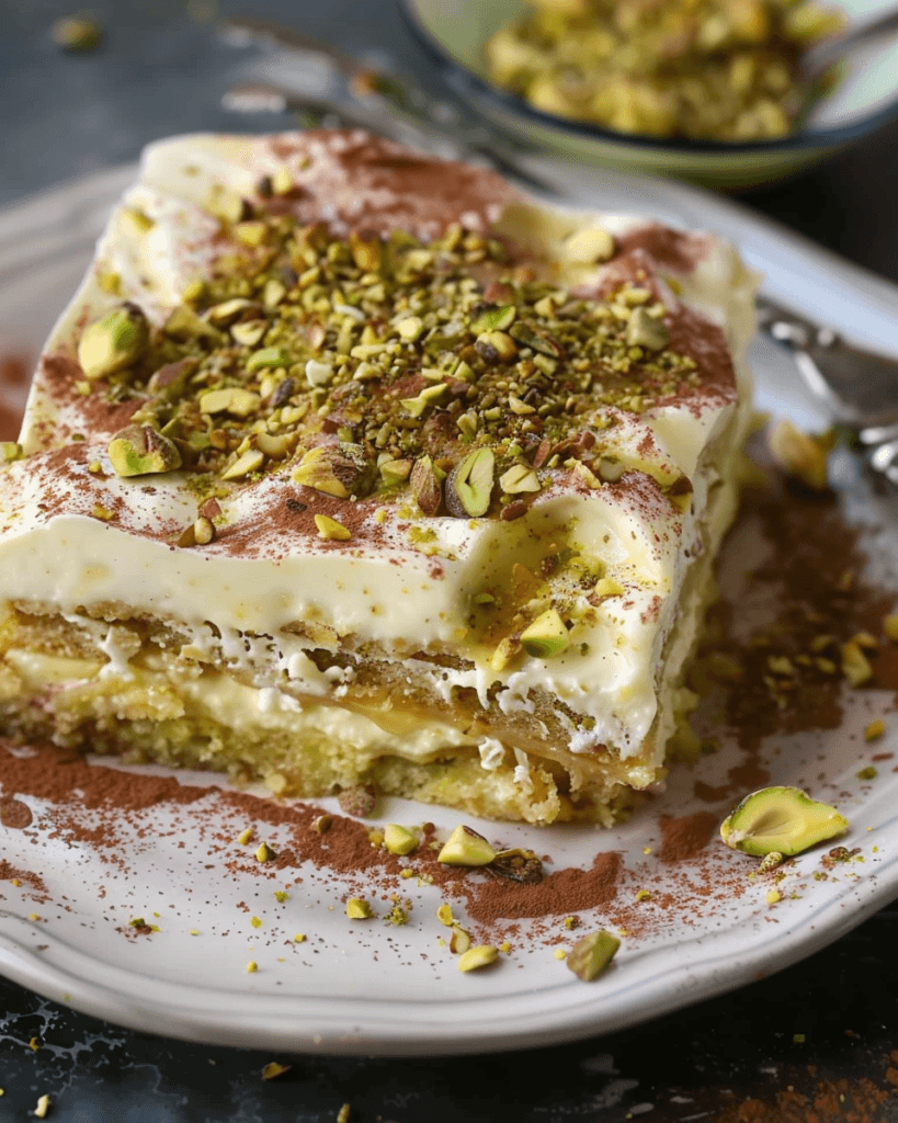 A slice of pistachio tiramisu topped with chopped pistachios and cocoa powder, served on a white plate.