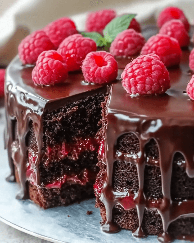 A rich, moist chocolate cake layered with raspberry filling and covered in glossy chocolate ganache, topped with fresh raspberries and a mint leaf.