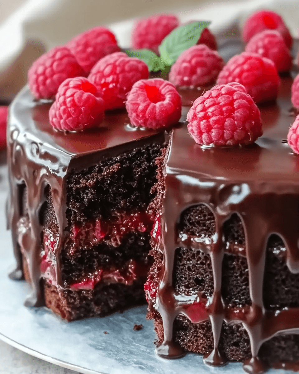 A rich, moist chocolate cake layered with raspberry filling and covered in glossy chocolate ganache, topped with fresh raspberries and a mint leaf.