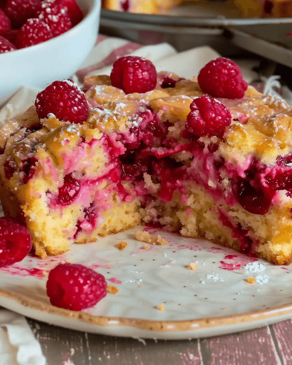 A moist and fluffy Raspberry Cottage Cheese Breakfast Cake with vibrant raspberries, dusted with powdered sugar, served on a rustic plate.