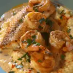 A plate of red snapper and shrimp over creamy grits, topped with Cajun cream sauce, garnished with fresh parsley and spices.