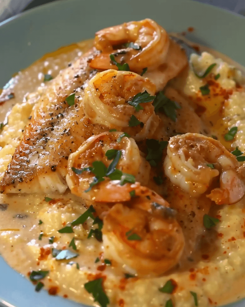 A plate of red snapper and shrimp over creamy grits, topped with Cajun cream sauce, garnished with fresh parsley and spices.