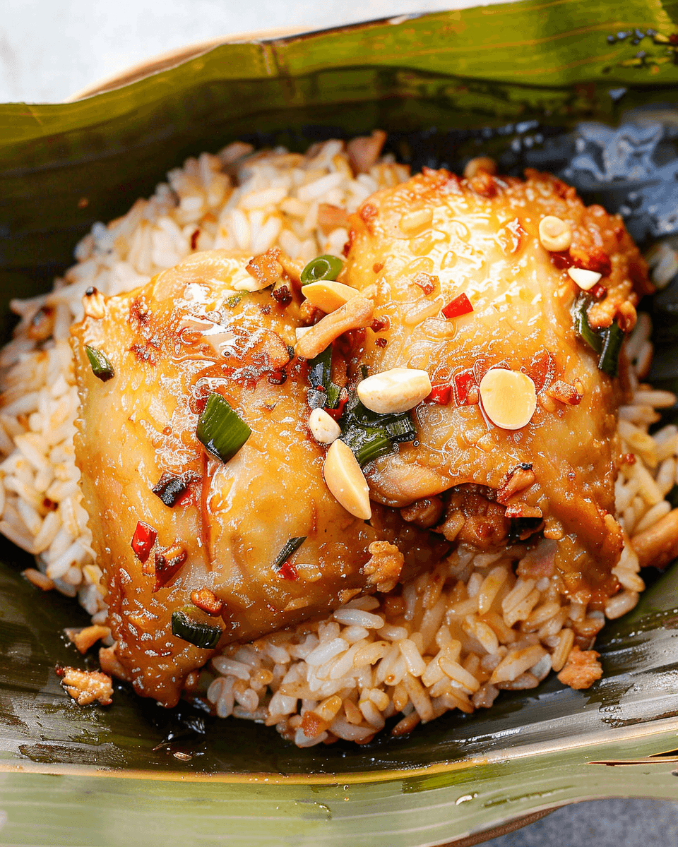 Tender roasted chicken glazed with a flavorful sauce, served over fragrant sticky rice, garnished with peanuts, chili, and green onions.