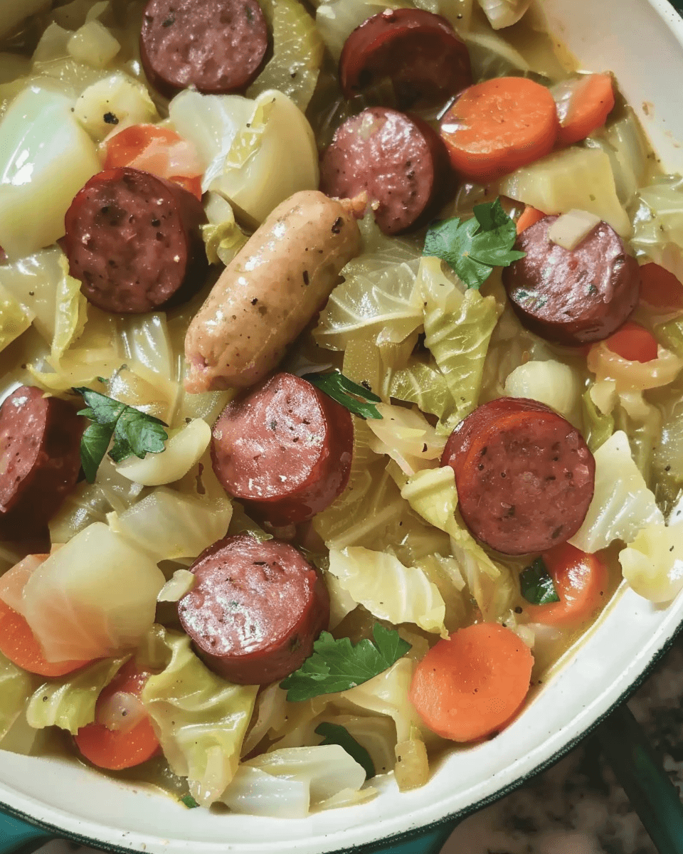 A hearty bowl of sausage and cabbage stew with sliced sausage, tender cabbage, carrots, and fresh herbs in a savory broth.