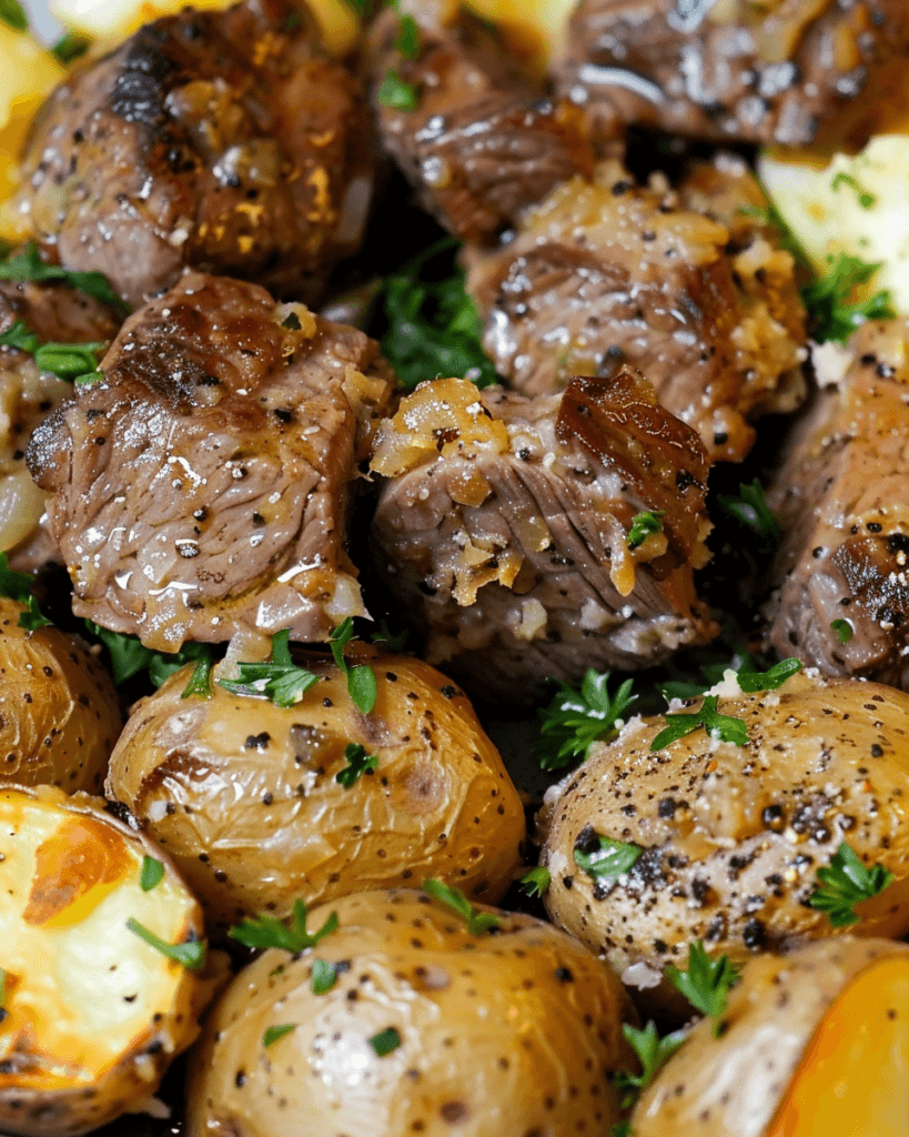Slow-cooked garlic butter beef bites with golden roasted potatoes, garnished with fresh herbs.