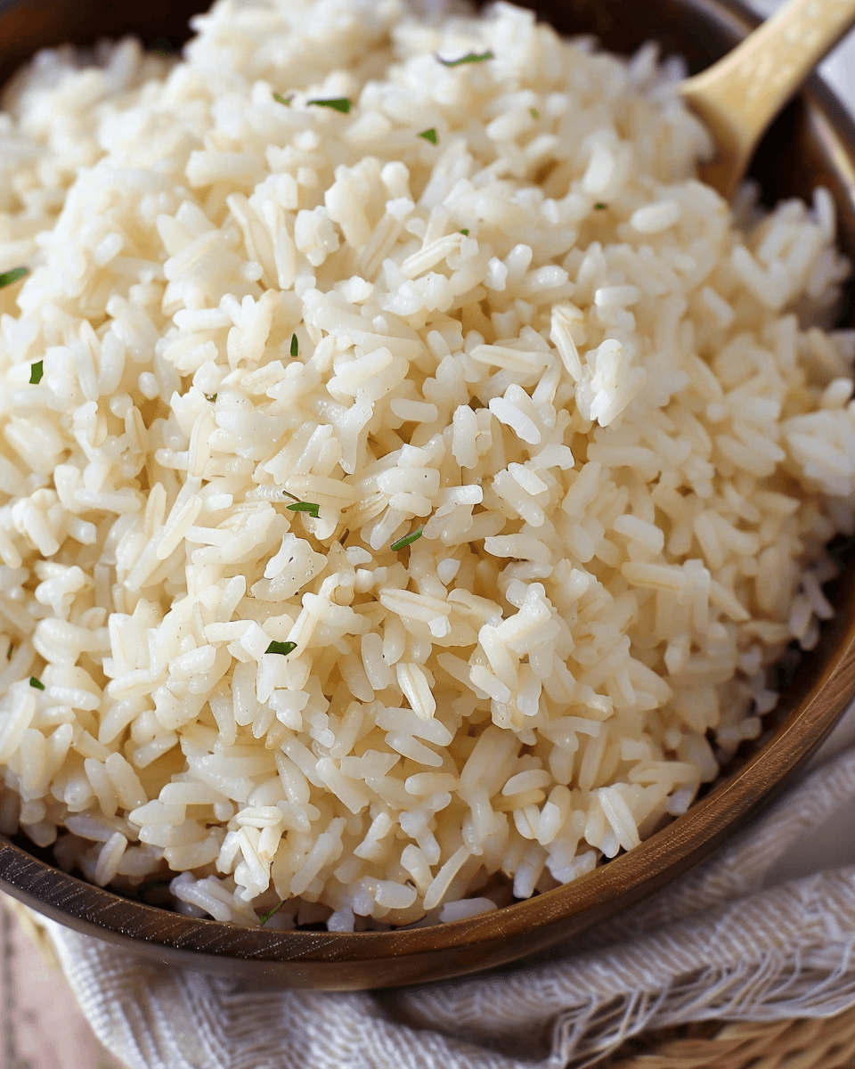 A close-up of a bowl filled with fluffy, seasoned souper rice, garnished with fresh herbs, served in a wooden bowl with a wooden spoon.