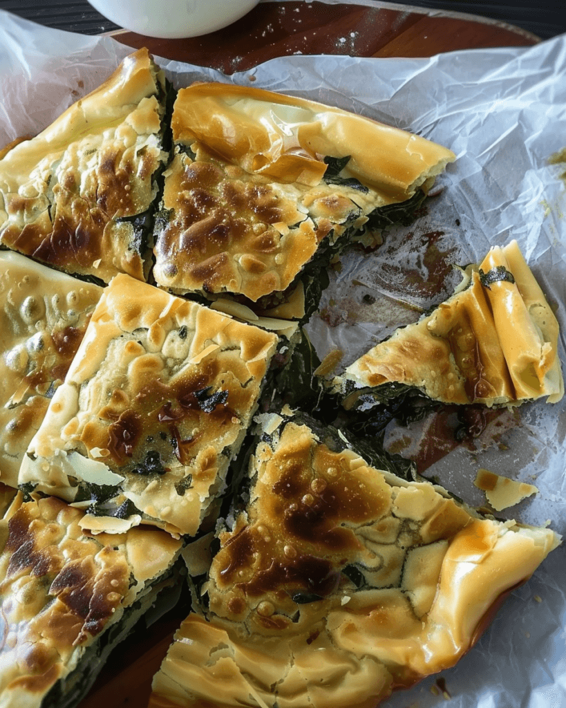 Golden, crispy Spanakopita Pan Pittes cut into squares, revealing a delicious spinach and feta filling.