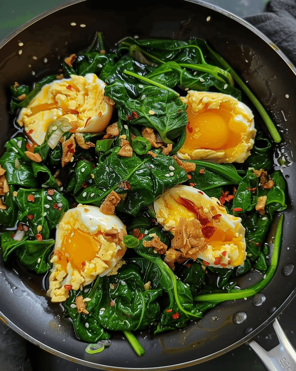 A vibrant Spinach and Egg Stir-Fry with soft-boiled eggs, garlic, sesame seeds, and chili flakes in a black skillet.