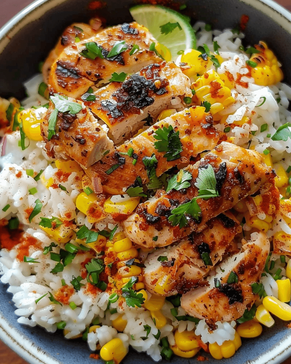 Grilled chicken sliced over a bed of rice with corn, fresh cilantro, lime, and spices in a bowl.