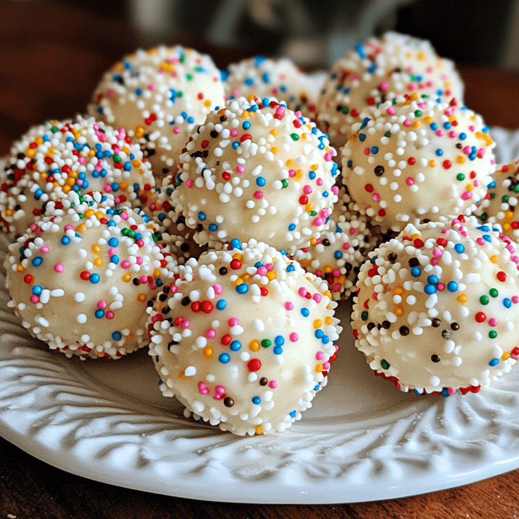 A plate of white chocolate-coated sugar cookie balls covered in colorful sprinkles