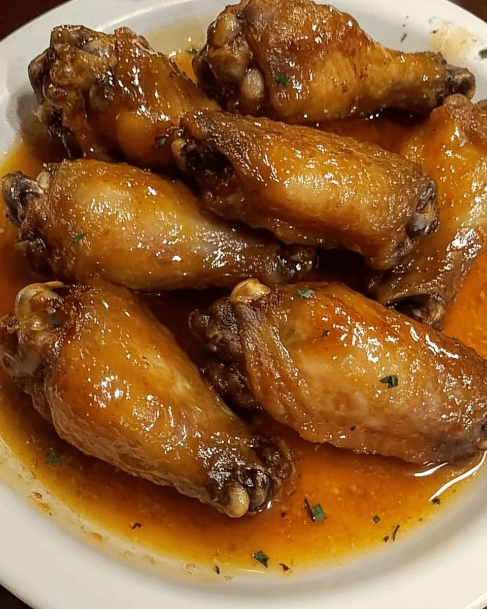 A plate of golden, glazed sweet and spicy honey garlic wings coated in a flavorful sauce with a glossy finish, garnished with herbs.