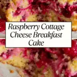 A delicious Raspberry Cottage Cheese Breakfast Cake with a moist, golden crumb, fresh raspberries, and a dusting of powdered sugar.