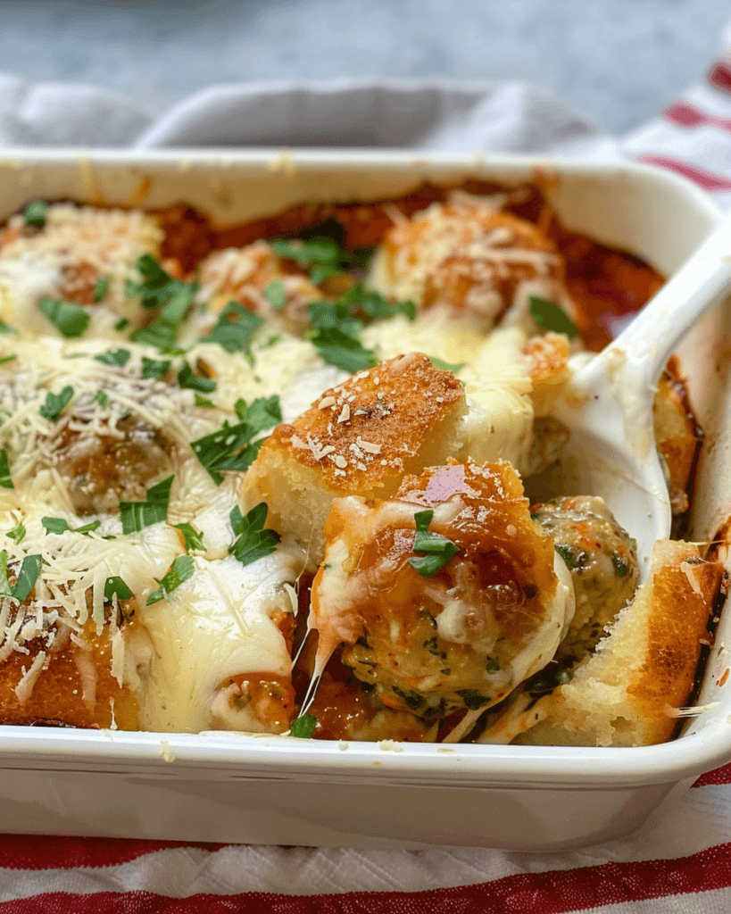 A baked dish filled with meatballs, toasted bread, marinara sauce, and melted cheese, garnished with fresh parsley and Parmesan.
