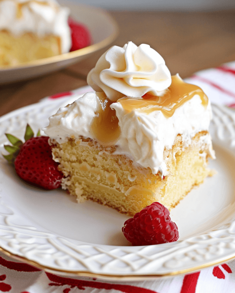 Close-up of a moist layered vanilla cake topped with whipped cream, caramel drizzle, and fresh berries, served on an elegant white plate.