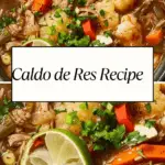 A flavorful bowl of Caldo de Res, a traditional Mexican beef soup, filled with tender meat, shrimp, fresh vegetables, and garnished with lime and cilantro.