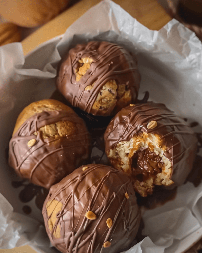 A close-up of Air Fryer Nutella Bombs, golden and crispy, coated in melted chocolate with a drizzled finish, one revealing a gooey Nutella-filled center.