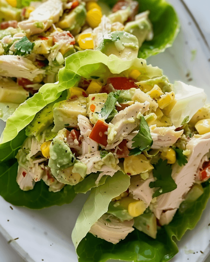 Fresh avocado chicken salad with corn, tomatoes, and herbs wrapped in crisp lettuce leaves, served on a white plate.