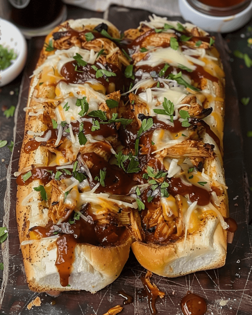 Toasted French bread topped with shredded BBQ chicken, melted cheese, and fresh herbs, served on a rustic wooden board.